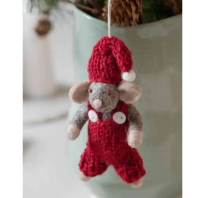 Gry & Sif Weihnachtsmaus mit roter Latzehose aus Filz, ca.10 cm, Grey Mouse w/Red Pants