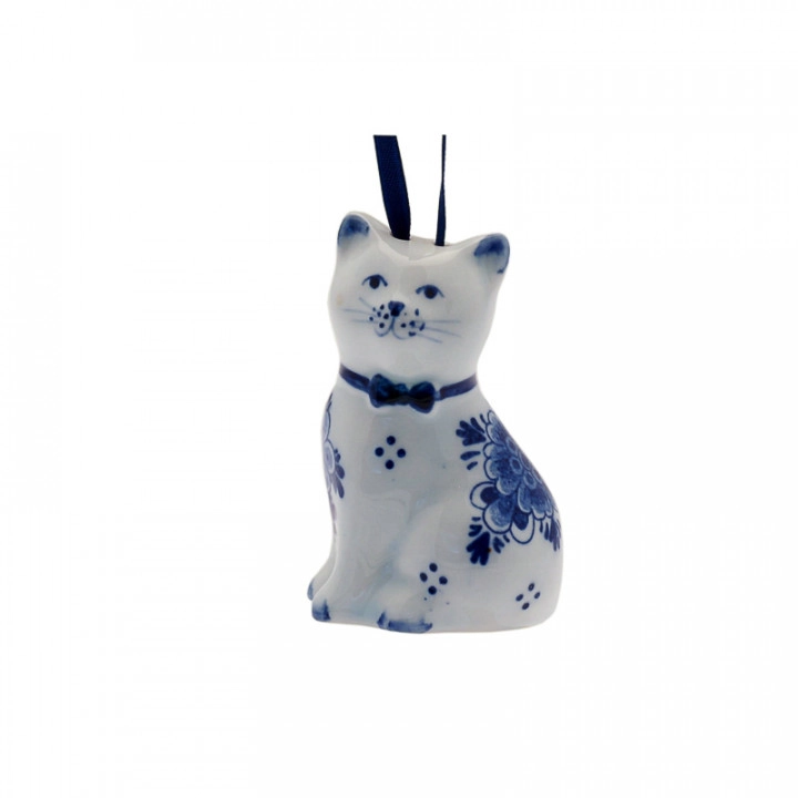 Delfter Katze am Band mit Blume, ca. 6,5 cm von Heinen Delfts Blauw, Holland, Niederlande