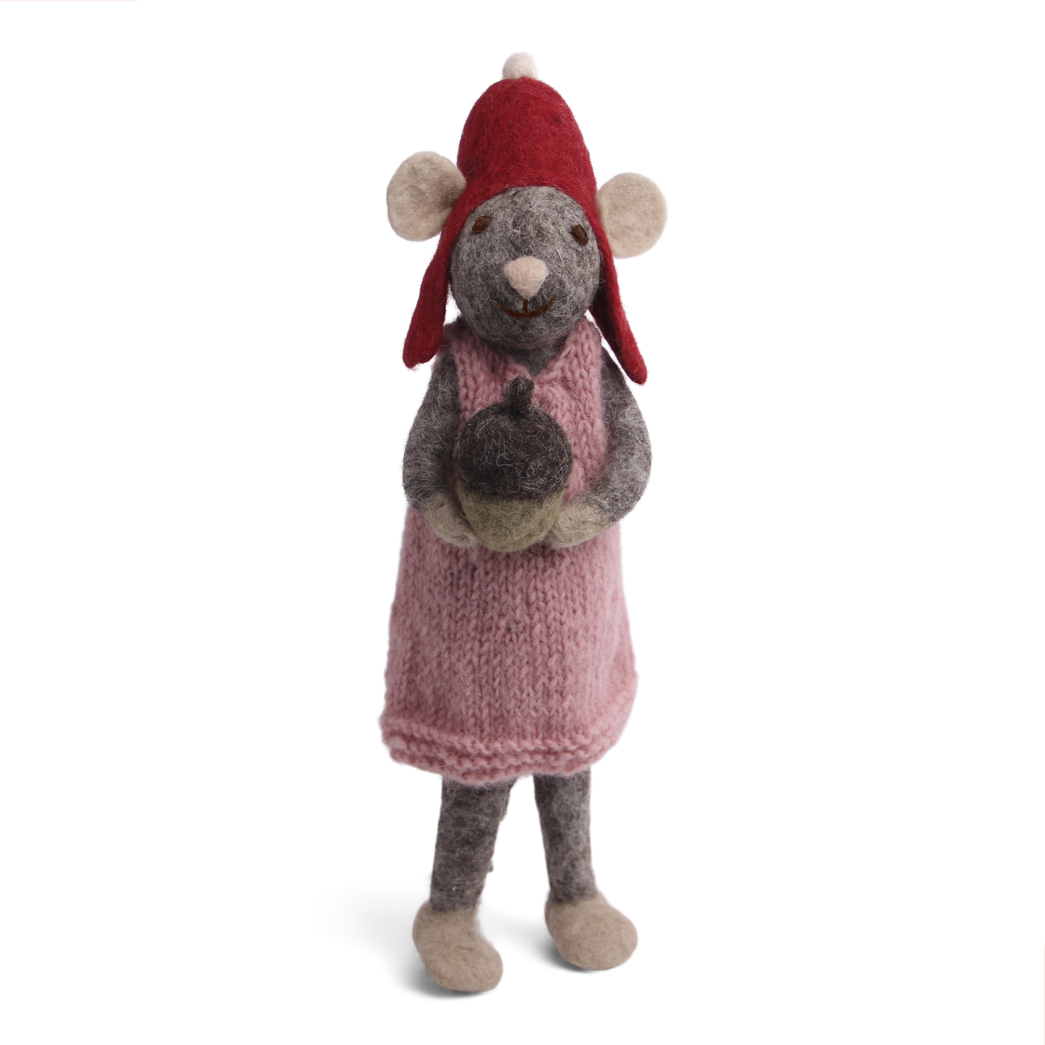 Gry & Sif Weihnachtsmaus groß im Rosa Kleid mit Eichel aus Filz, ca.27 cm, Big Grey Girly Mouse with Acorn