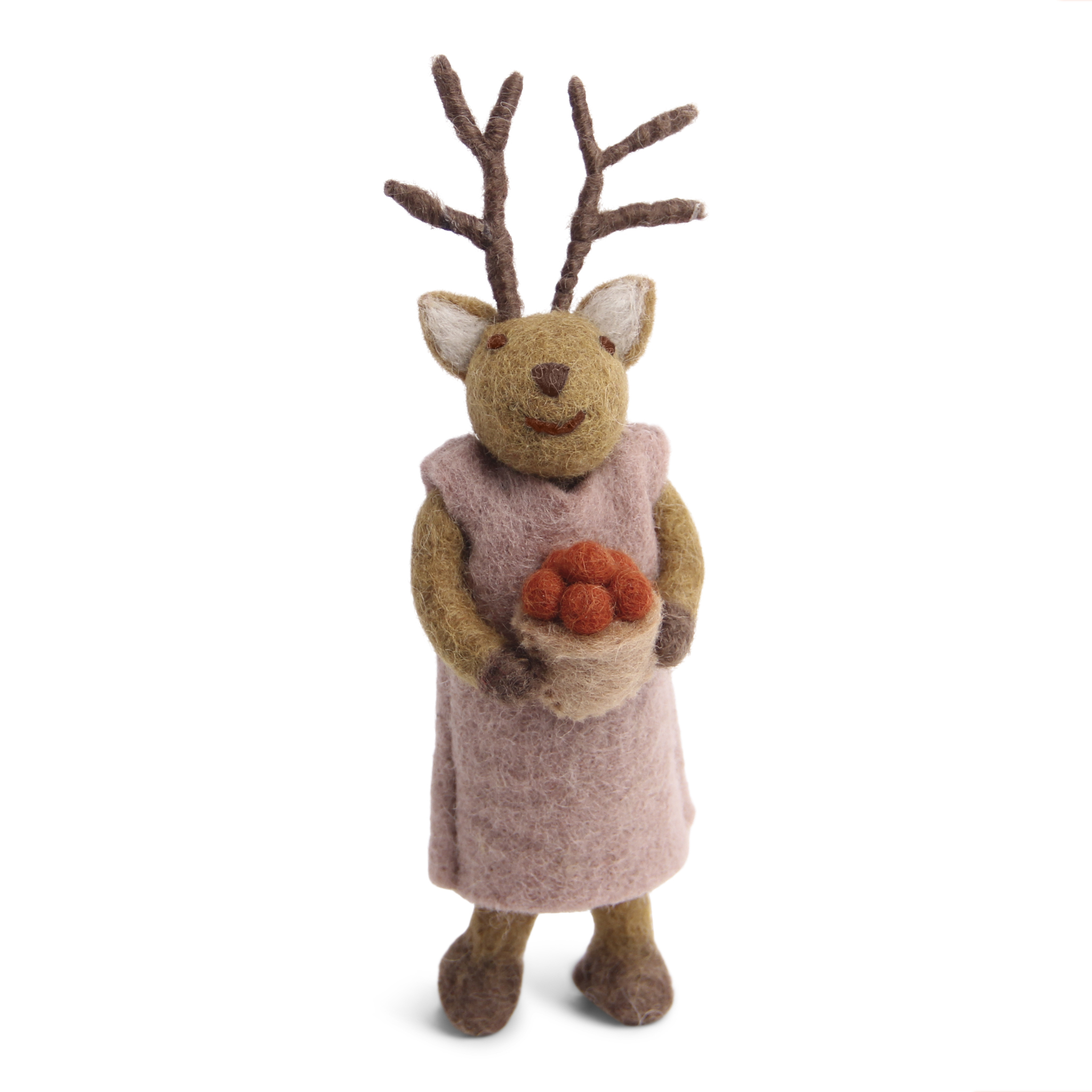 Gry & Sif Hirschmädchen im Rosa Kleid,  ca.14 cm, Small Brown Girly Deer w/Berries