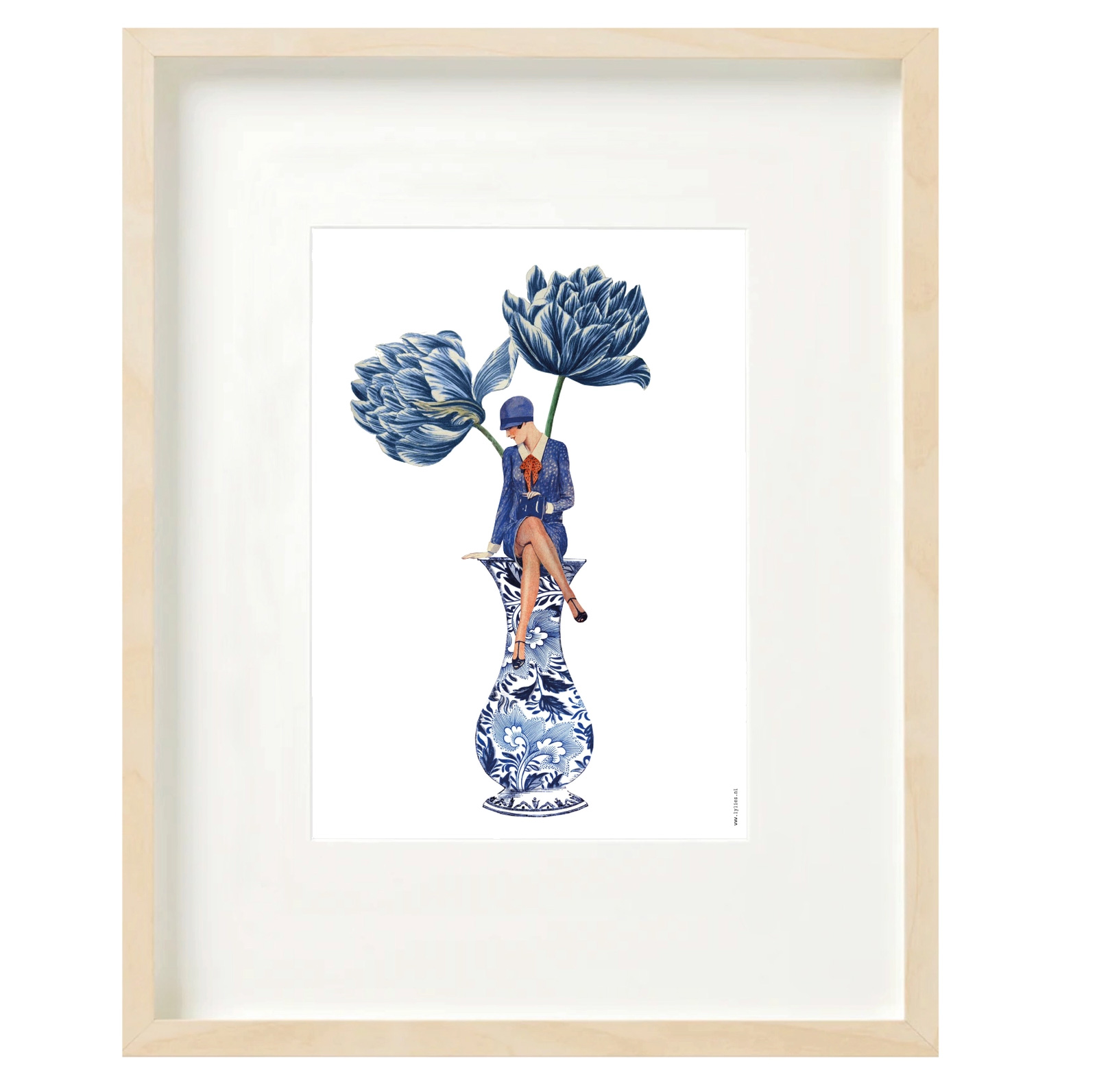 Druck (A4) Collage - Dame in einer Vase mit blauen Tulpen von Lylies