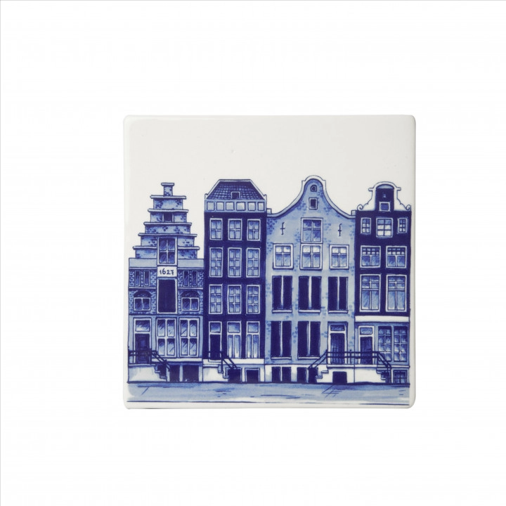 Kachel/ Fliese Amsterdam, Kanalhäuser, ca. 13x13 cm von Heinen Delfts Blauw, Holland, Niederlande 