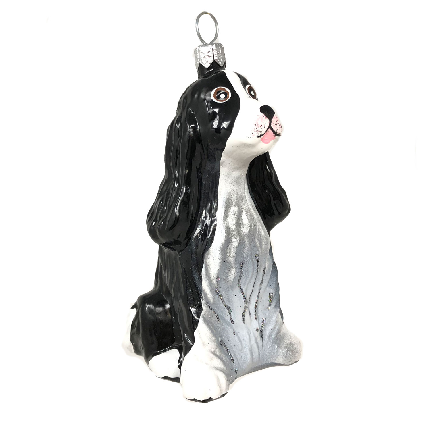 Christbaumkugel Hund, Cocker Spaniel schwarz weiß, ca. 10 cm