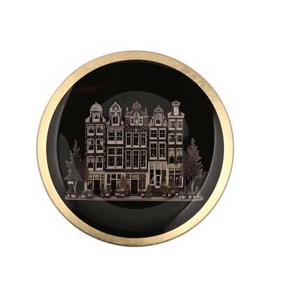 Love Plates, Glasteller M, Townhouses,  rund, schwarz-gold D. ca. 13 cm